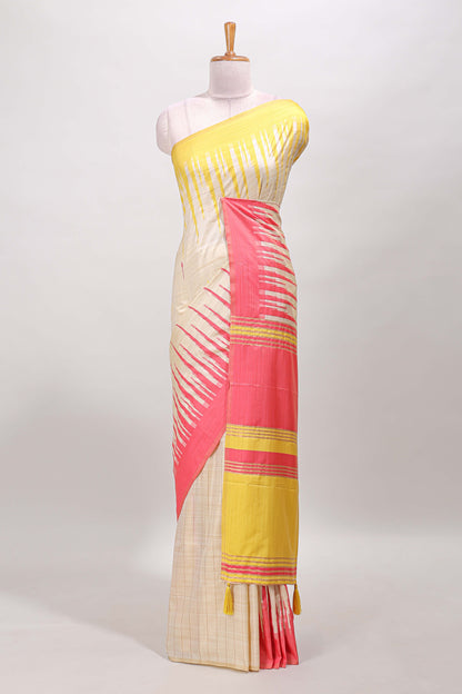 Borderless sandal striped yellow & pink shade ikkat style semi soft silk saree with contrast striped pallu and matching blouse
