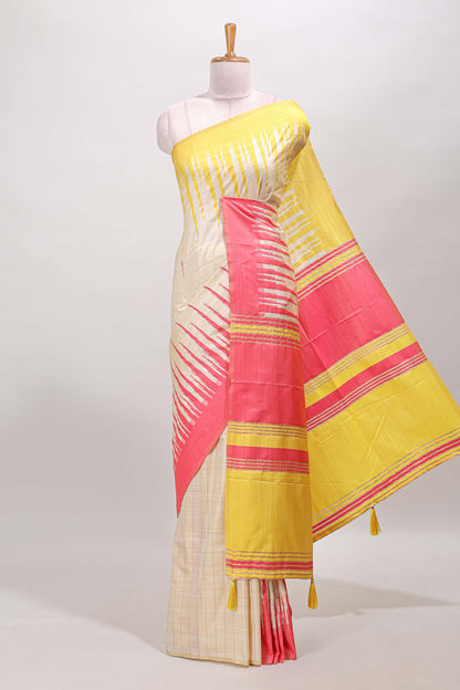 Borderless sandal striped yellow & pink shade ikkat style semi soft silk saree with contrast striped pallu and matching blouse