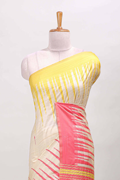 Borderless sandal striped yellow & pink shade ikkat style semi soft silk saree with contrast striped pallu and matching blouse