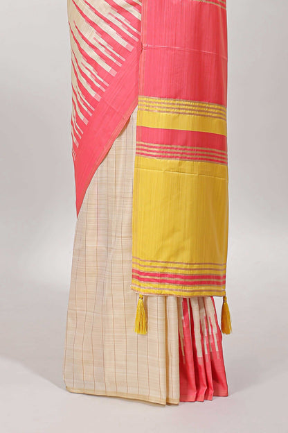 Borderless sandal striped yellow & pink shade ikkat style semi soft silk saree with contrast striped pallu and matching blouse