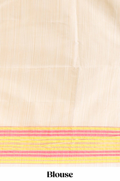 Borderless sandal striped yellow & pink shade ikkat style semi soft silk saree with contrast striped pallu and matching blouse