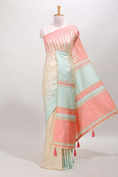 Borderless sandal striped peach & ice blue shade ikkat style semi soft silk saree with contrast striped pallu and matching blouse