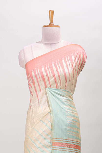 Borderless sandal striped peach & ice blue shade ikkat style semi soft silk saree with contrast striped pallu and matching blouse