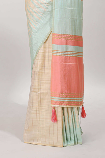 Borderless sandal striped peach & ice blue shade ikkat style semi soft silk saree with contrast striped pallu and matching blouse