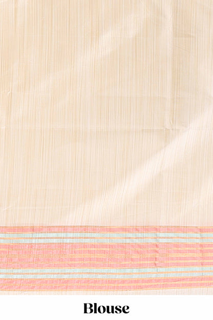 Borderless sandal striped peach & ice blue shade ikkat style semi soft silk saree with contrast striped pallu and matching blouse