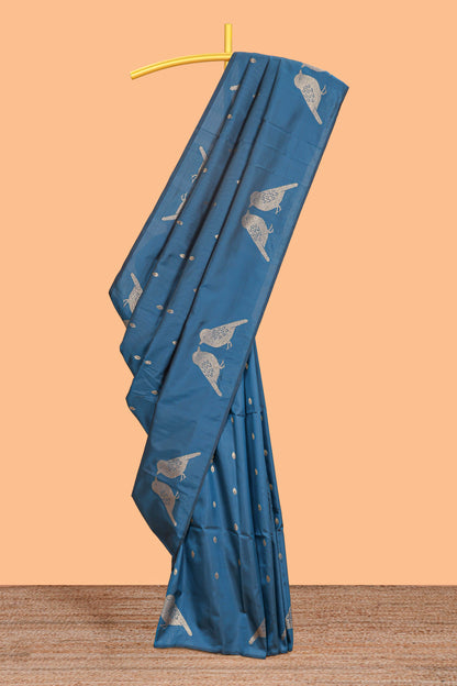 Borderless blue leaf zari butta and birds design semi soft silk saree with self pallu and matching blouse