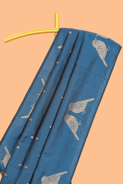 Borderless blue leaf zari butta and birds design semi soft silk saree with self pallu and matching blouse
