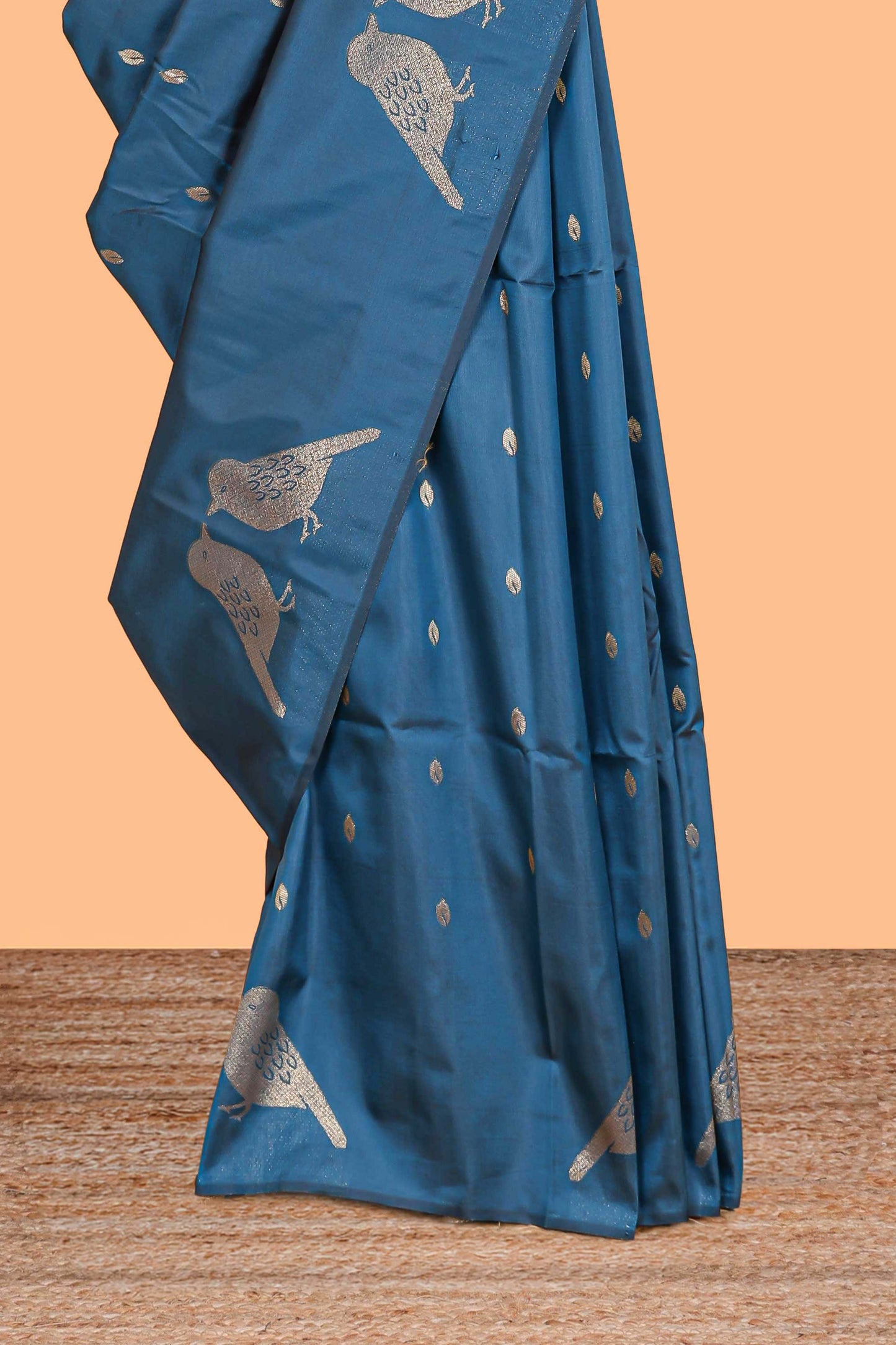 Borderless blue leaf zari butta and birds design semi soft silk saree with self pallu and matching blouse
