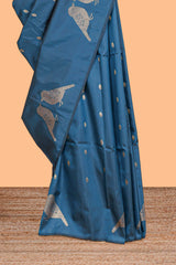 Borderless blue leaf zari butta and birds design semi soft silk saree with self pallu and matching blouse