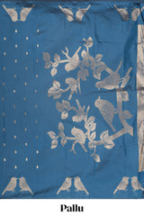 Borderless blue leaf zari butta and birds design semi soft silk saree with self pallu and matching blouse