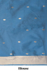Borderless blue leaf zari butta and birds design semi soft silk saree with self pallu and matching blouse