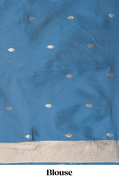 Borderless blue leaf zari butta and birds design semi soft silk saree with self pallu and matching blouse