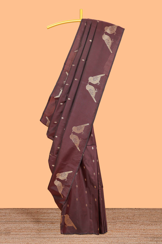 Borderless brown leaf zari butta and birds design semi soft silk saree with self pallu and matching blouse