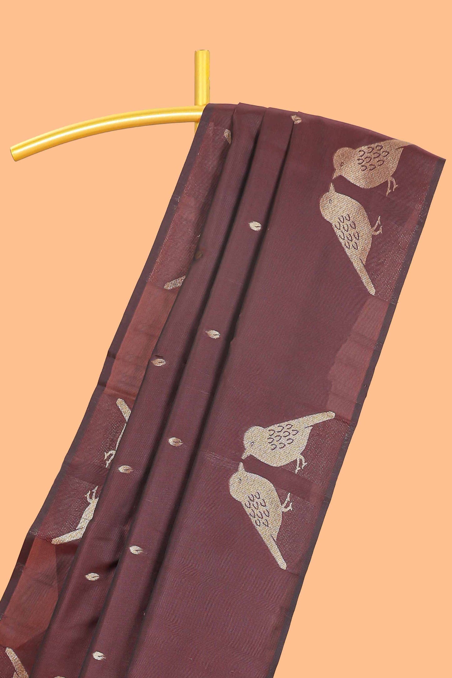 Borderless brown leaf zari butta and birds design semi soft silk saree with self pallu and matching blouse