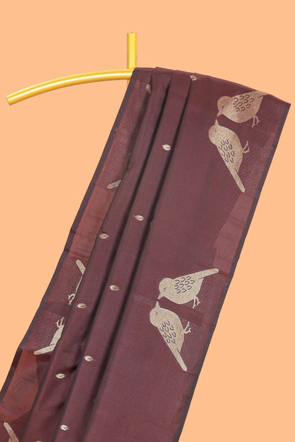 Borderless brown leaf zari butta and birds design semi soft silk saree with self pallu and matching blouse
