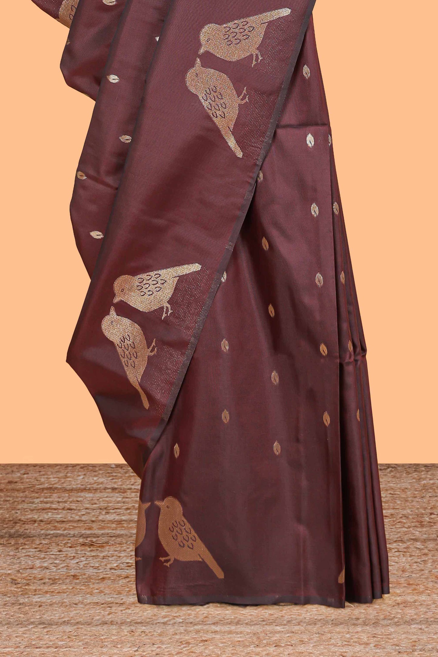 Borderless brown leaf zari butta and birds design semi soft silk saree with self pallu and matching blouse