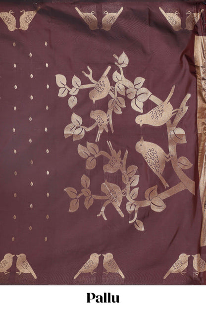 Borderless brown leaf zari butta and birds design semi soft silk saree with self pallu and matching blouse