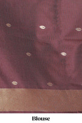 Borderless brown leaf zari butta and birds design semi soft silk saree with self pallu and matching blouse