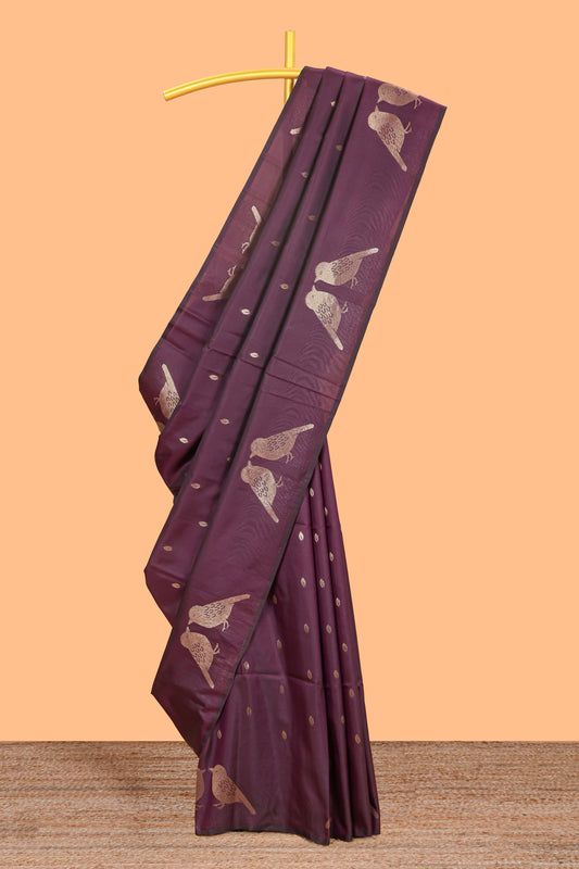 Borderless mulberry purple leaf zari butta and birds design semi soft silk saree with self pallu and matching blouse