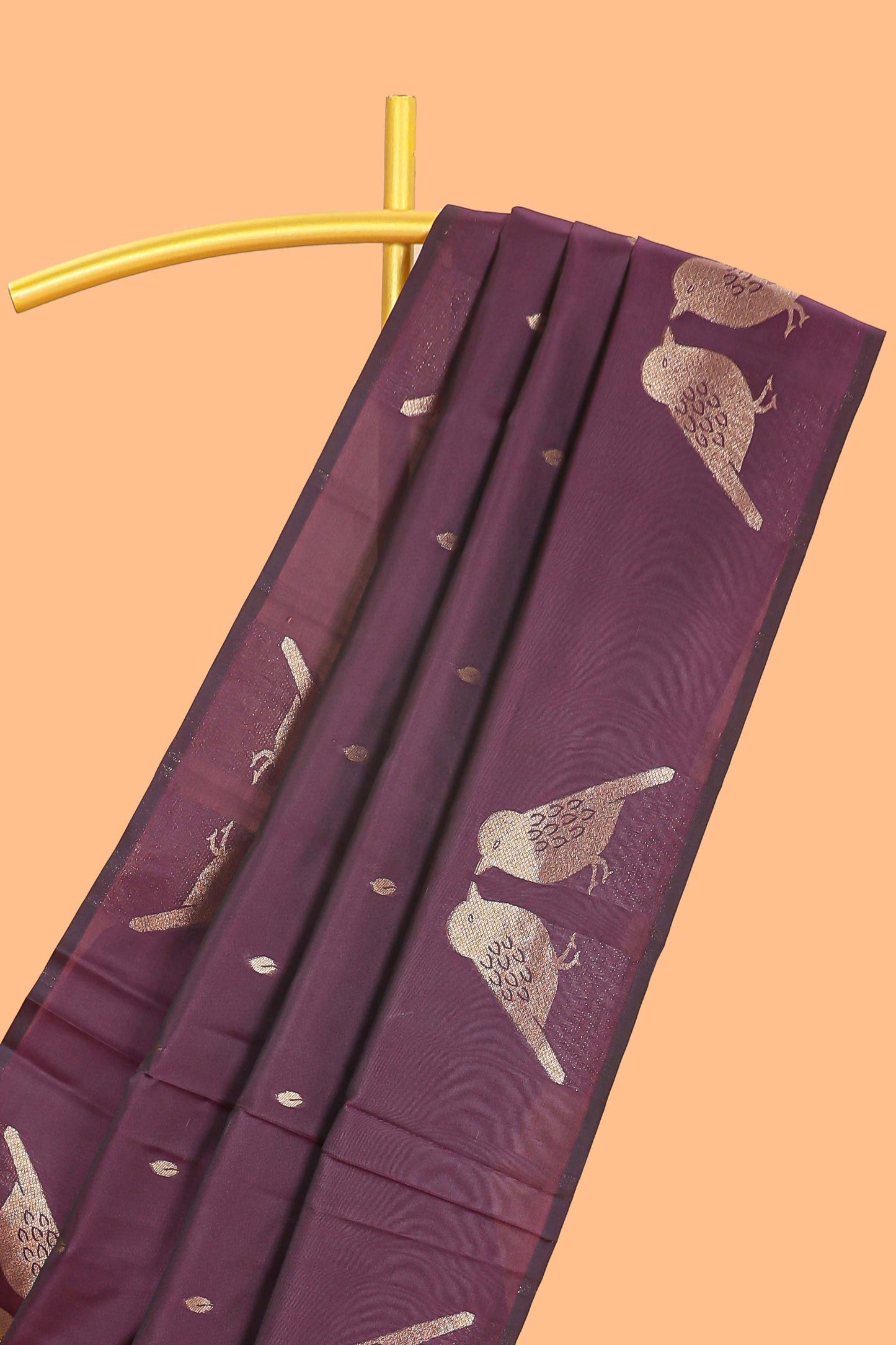 Borderless mulberry purple leaf zari butta and birds design semi soft silk saree with self pallu and matching blouse