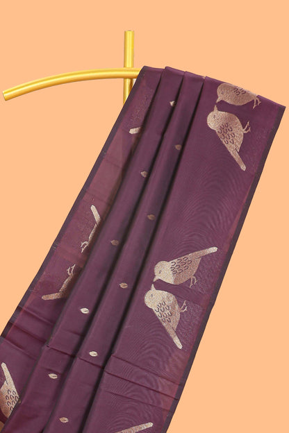 Borderless mulberry purple leaf zari butta and birds design semi soft silk saree with self pallu and matching blouse