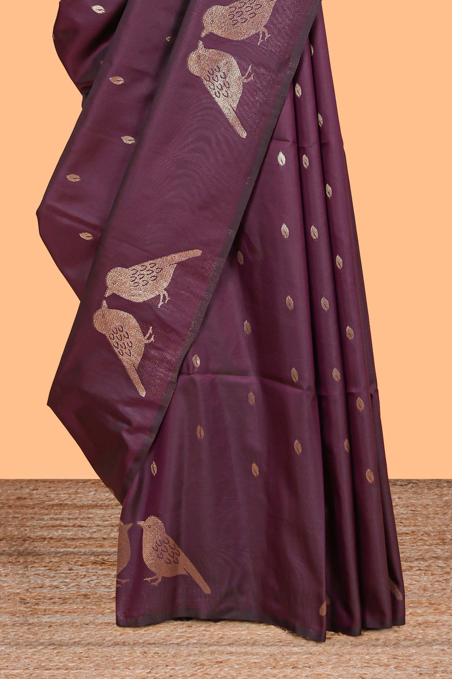 Borderless mulberry purple leaf zari butta and birds design semi soft silk saree with self pallu and matching blouse