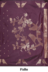 Borderless mulberry purple leaf zari butta and birds design semi soft silk saree with self pallu and matching blouse