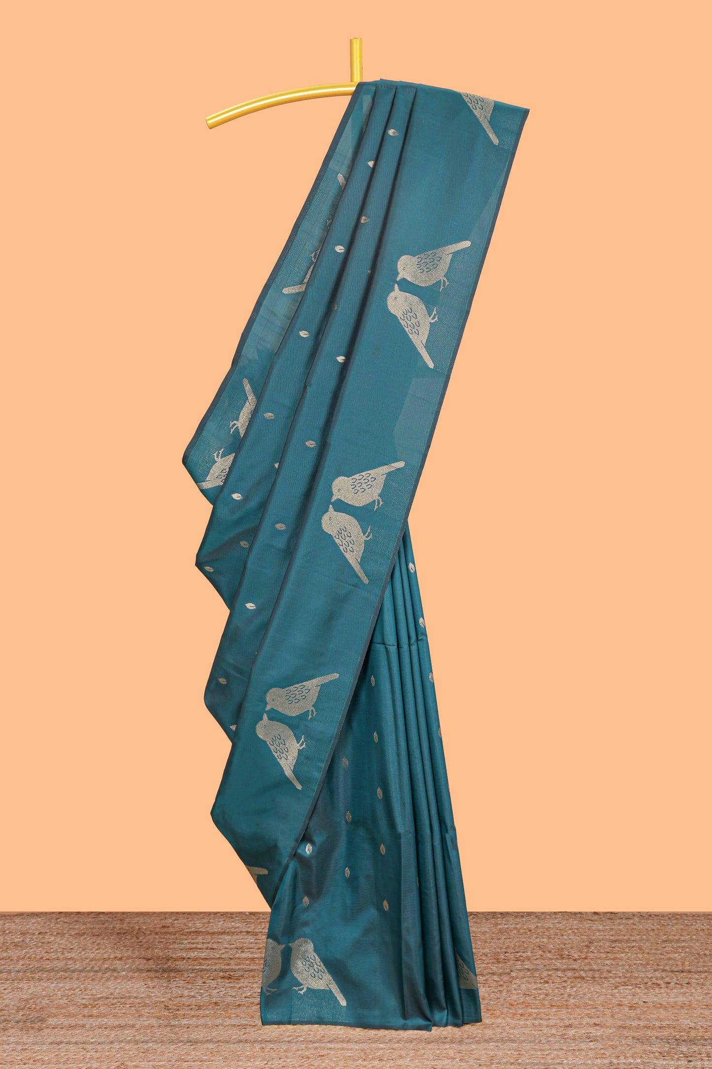 Borderless midnight green leaf zari butta and birds design semi soft silk saree with self pallu and matching blouse