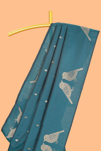 Borderless midnight green leaf zari butta and birds design semi soft silk saree with self pallu and matching blouse