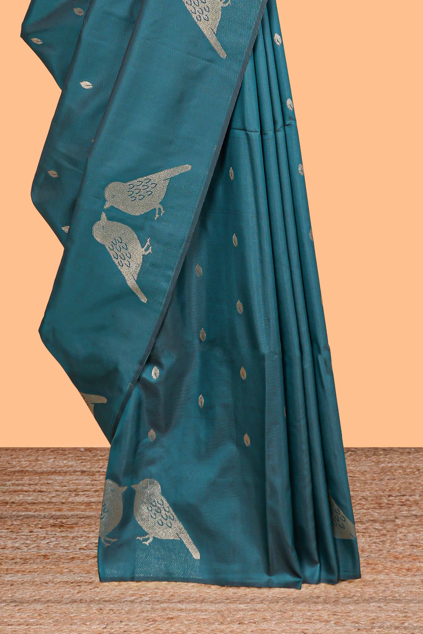 Borderless midnight green leaf zari butta and birds design semi soft silk saree with self pallu and matching blouse