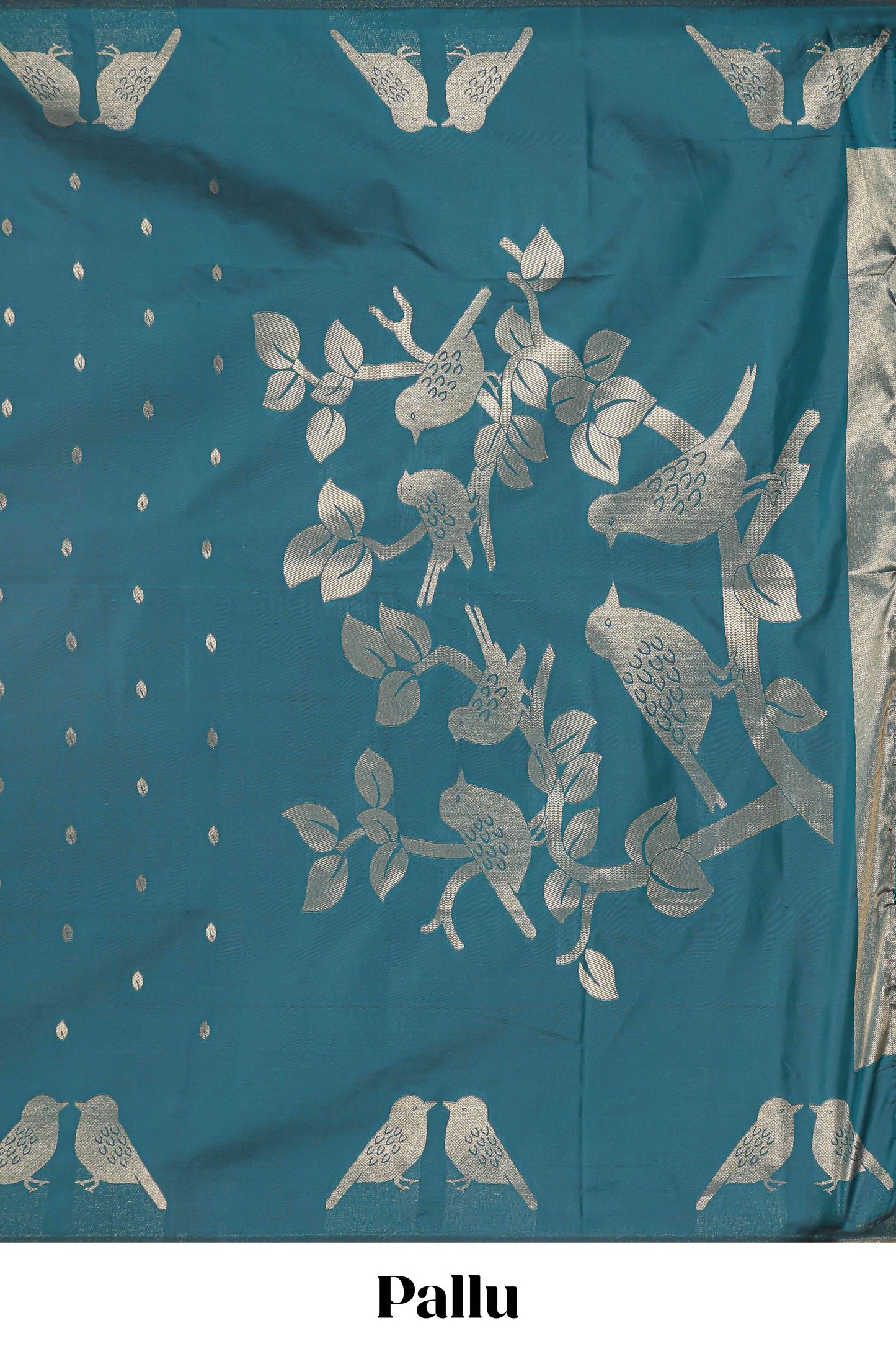 Borderless midnight green leaf zari butta and birds design semi soft silk saree with self pallu and matching blouse