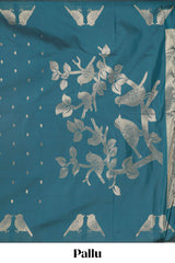 Borderless midnight green leaf zari butta and birds design semi soft silk saree with self pallu and matching blouse