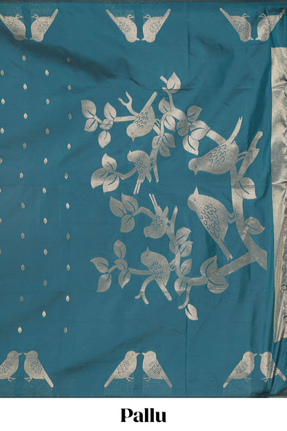 Borderless midnight green leaf zari butta and birds design semi soft silk saree with self pallu and matching blouse