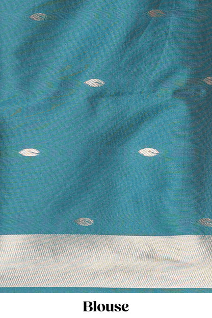 Borderless midnight green leaf zari butta and birds design semi soft silk saree with self pallu and matching blouse