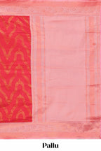 Pink zig zag zari design semi soft silk saree with contrast border and floral printed blouse