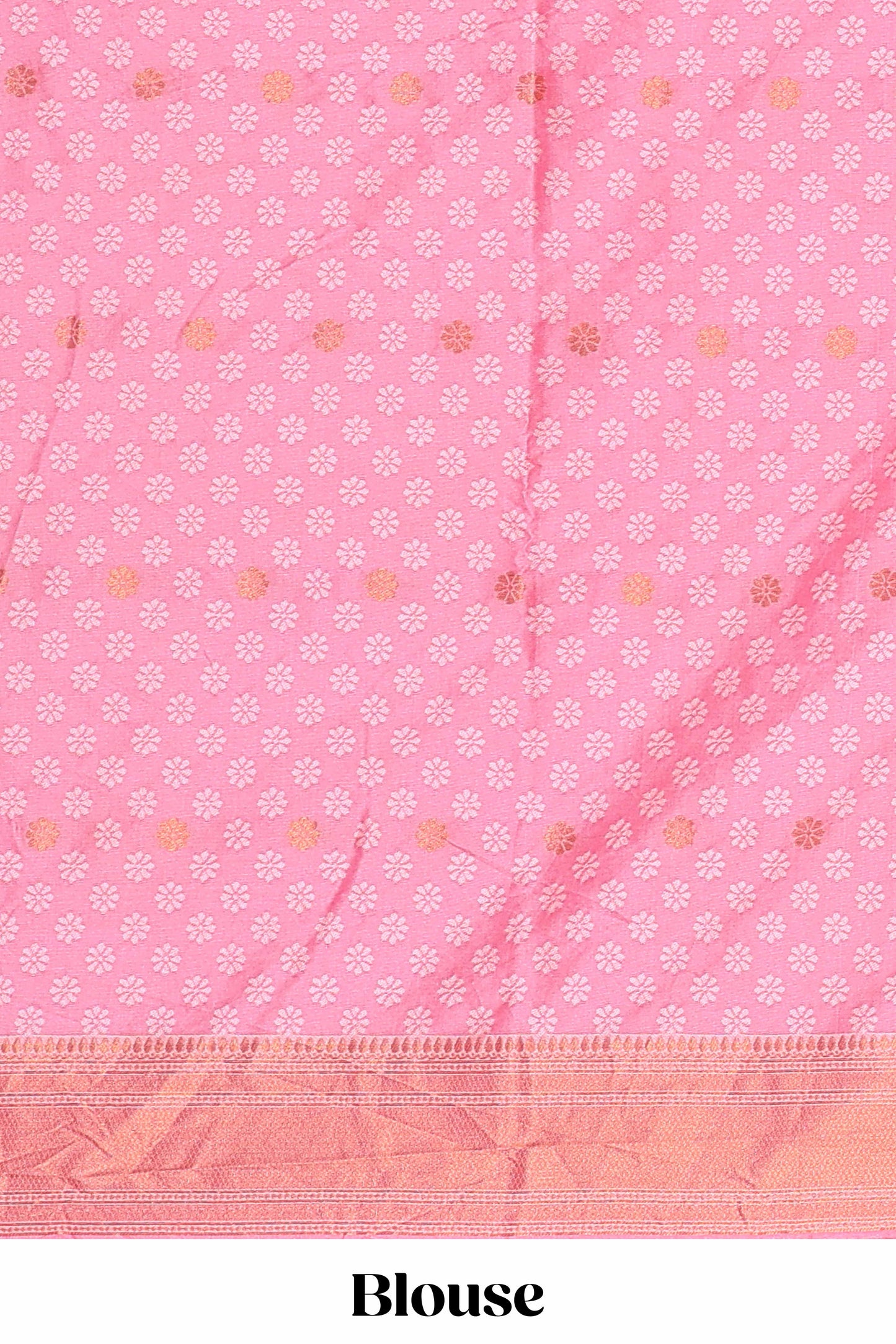 Pink zig zag zari design semi soft silk saree with contrast border and floral printed blouse