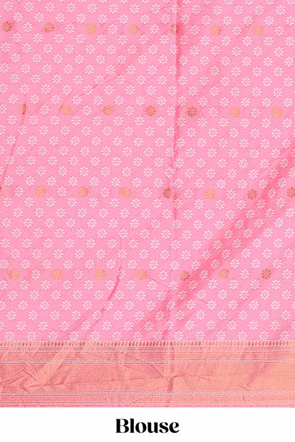 Pink zig zag zari design semi soft silk saree with contrast border and floral printed blouse