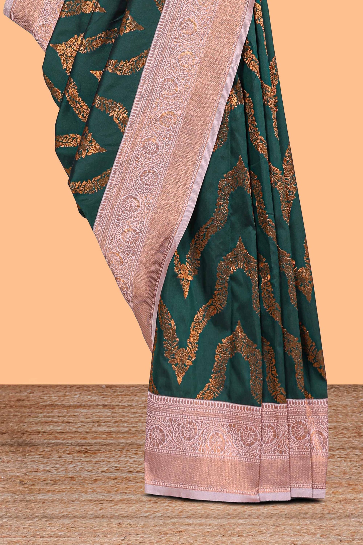 Green zig zag zari design semi soft silk saree with contrast border and floral printed blouse