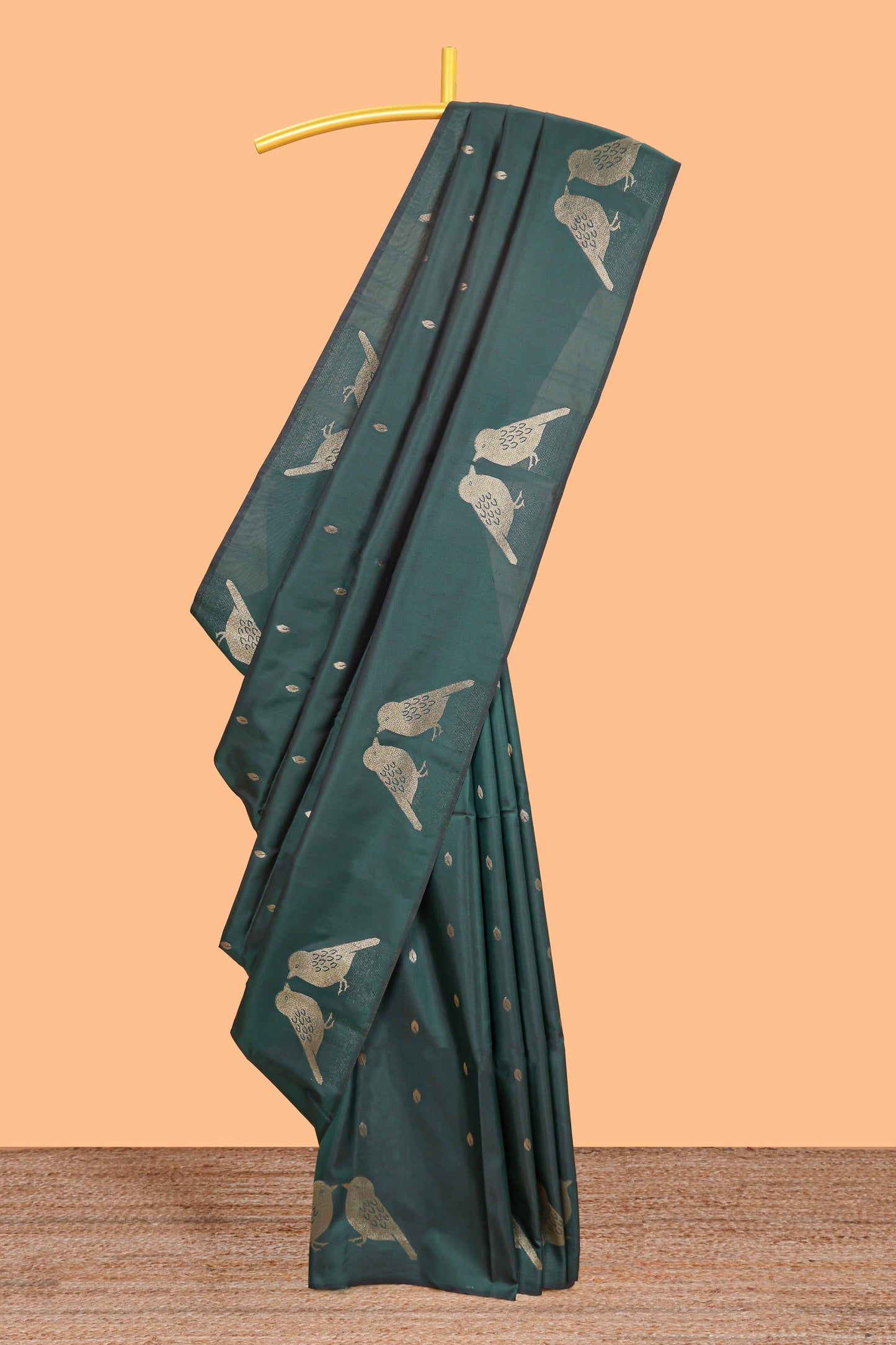 Borderless forest green leaf zari butta and birds design semi soft silk saree with self pallu and matching blouse