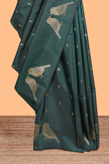 Borderless forest green leaf zari butta and birds design semi soft silk saree with self pallu and matching blouse