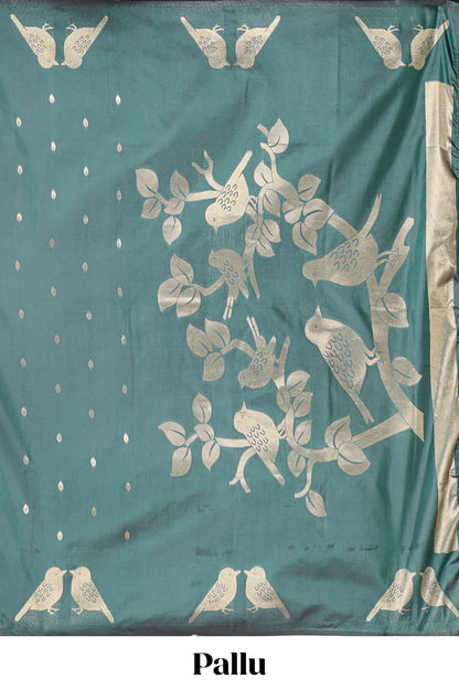 Borderless forest green leaf zari butta and birds design semi soft silk saree with self pallu and matching blouse