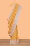 Mustard checked zari butta semi soft silk saree with contrast border and pallu