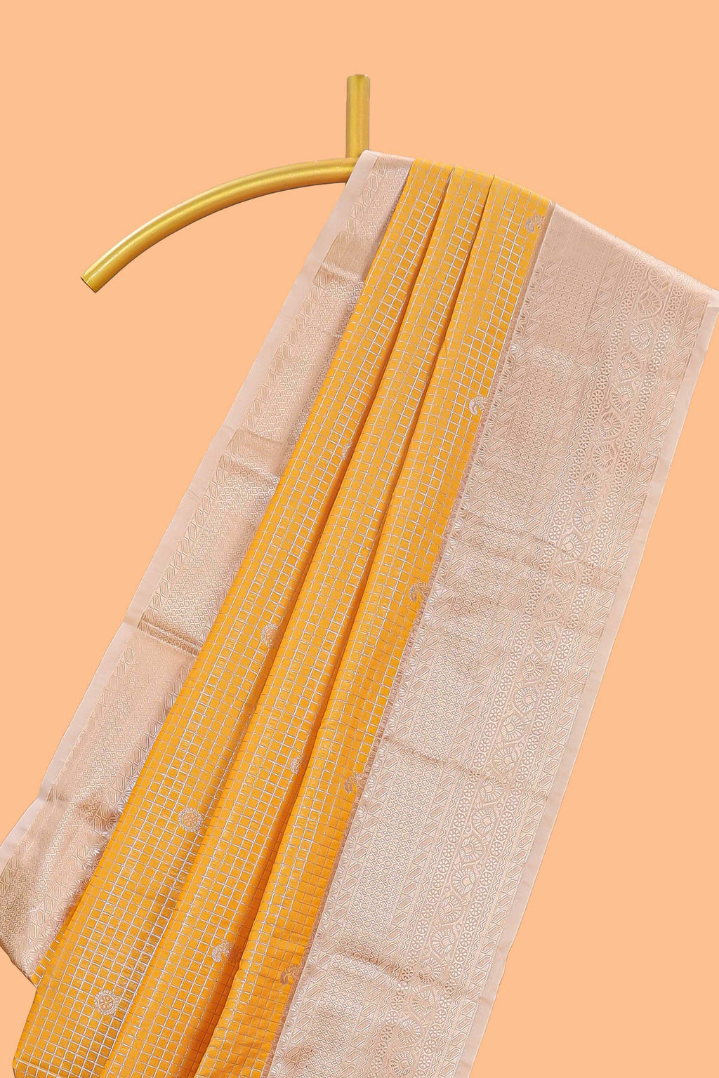Mustard checked zari butta semi soft silk saree with contrast border and pallu