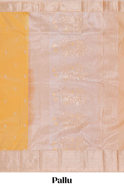 Mustard checked zari butta semi soft silk saree with contrast border and pallu