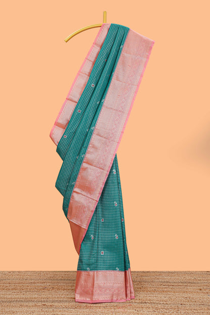 Persian green checked zari butta semi soft silk saree with contrast border and floral design pallu