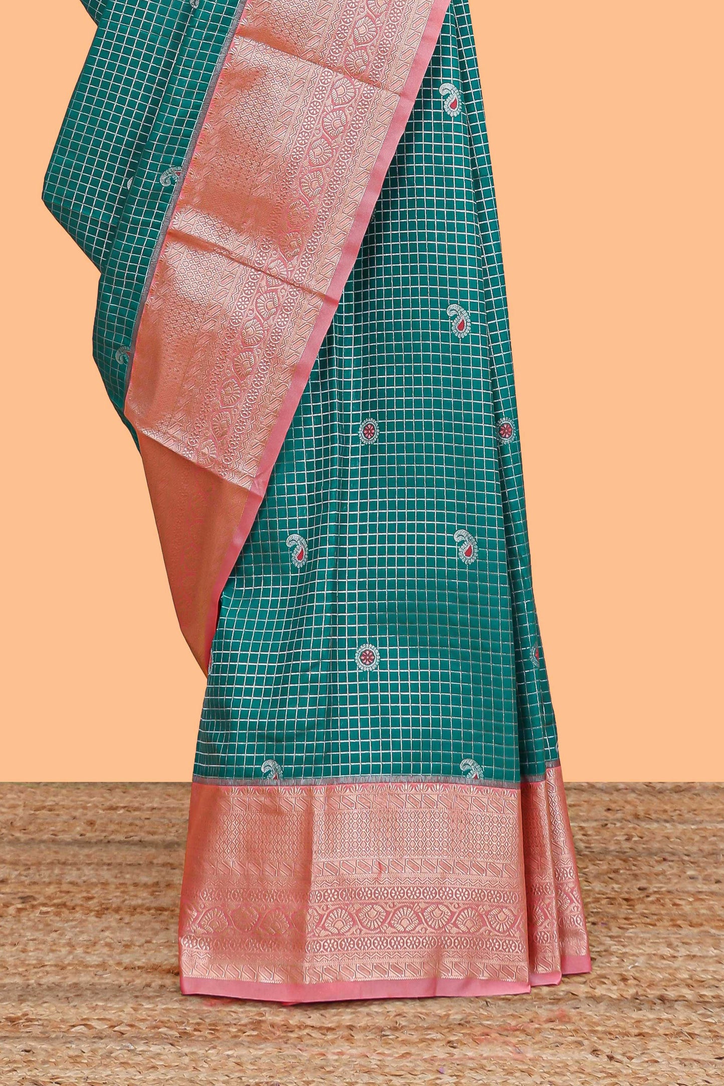 Persian green checked zari butta semi soft silk saree with contrast border and floral design pallu