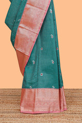 Persian green checked zari butta semi soft silk saree with contrast border and floral design pallu