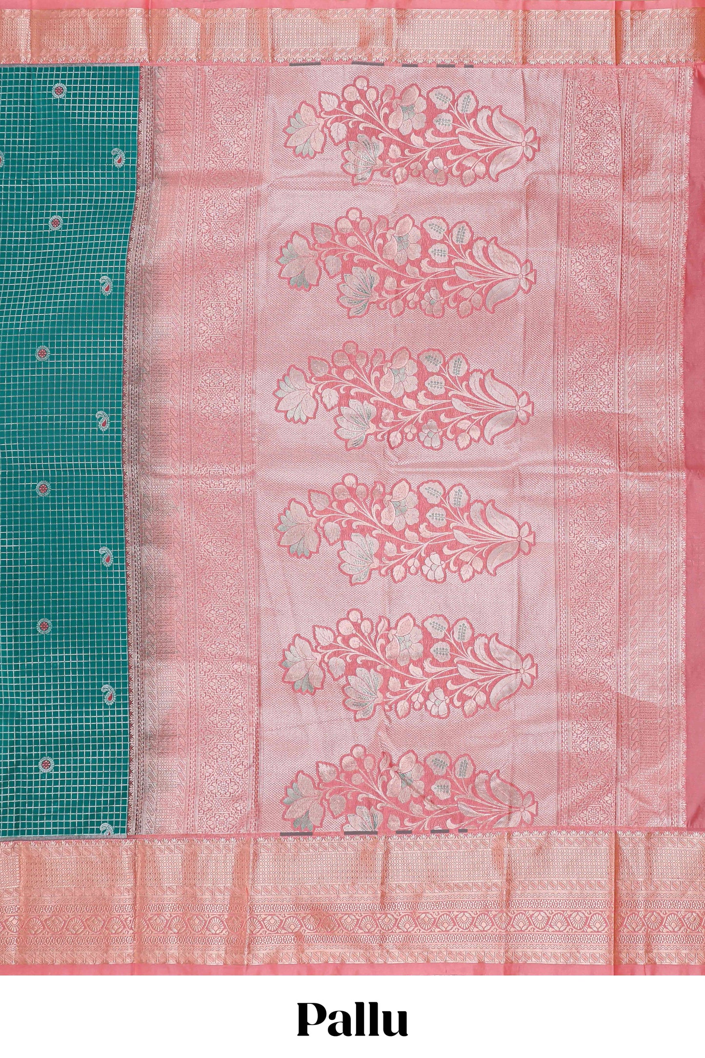 Persian green checked zari butta semi soft silk saree with contrast border and floral design pallu