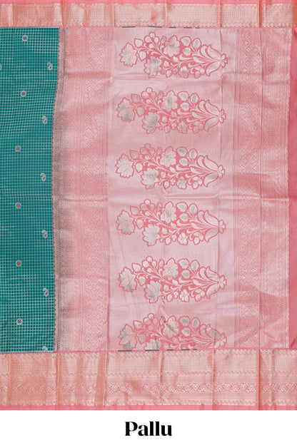 Persian green checked zari butta semi soft silk saree with contrast border and floral design pallu