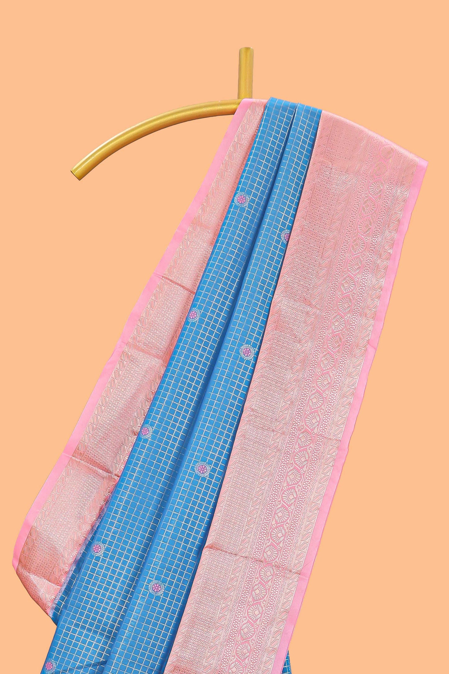 Blue checked zari butta semi soft silk saree with contrast border and floral design pallu